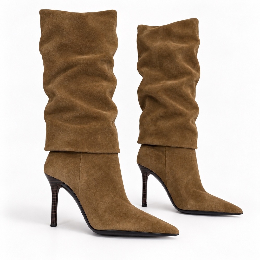 Zara Brown Suede Slouch Knee High Boots 39 US 8 Pointed Toe Stiletto Heel